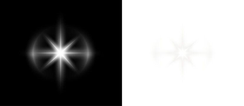 White glow star sparkle light on silver shining festive background with bright beam flare burst glitter rays isolated on black transparent backdrop.