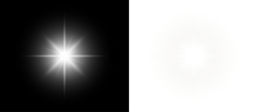 Glow white sparkle star light on silver festive background with bright shine beam flare burst magic glitter rays isolated on black transparent backdrop.