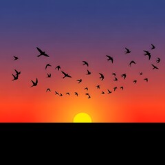 Flock of birds flying at sunset.
