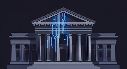 Fototapeta premium A modern flat vector illustration of a classical gray stone neoclassical government building or bank featuring glowing blue digital circuit board lines to represent fintech, digital governance.