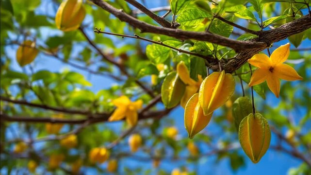 Fresh ripe yellow starfruit (carambola) and vibrant blossoms growing on a tropical tree branch against a blue sky