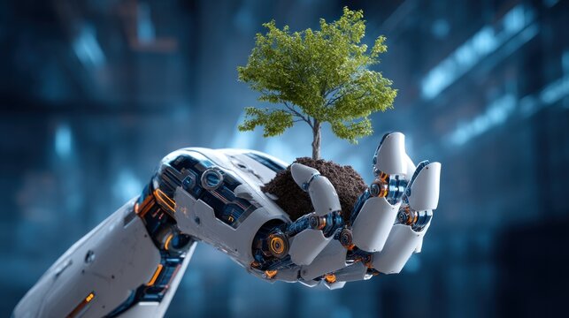 Robotic hand gently cradles a small sapling in a clump of soil