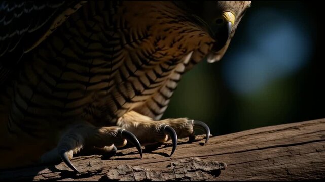 Close-up of a powerful bird s talons gripping weathered wood showcasing sharp claws and intricate feather detail against a blurred natural background with dramatic lighting