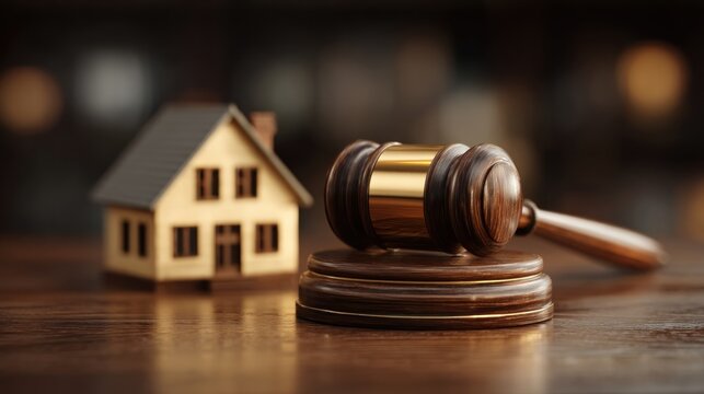 Gavel and house model on wooden surface, symbolizing legal proceedings related to real estate