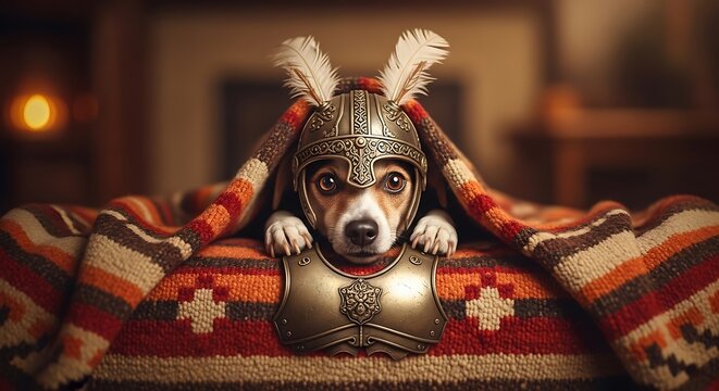 Dog in armor and helmet with feathers covered in a blanket cozy setting