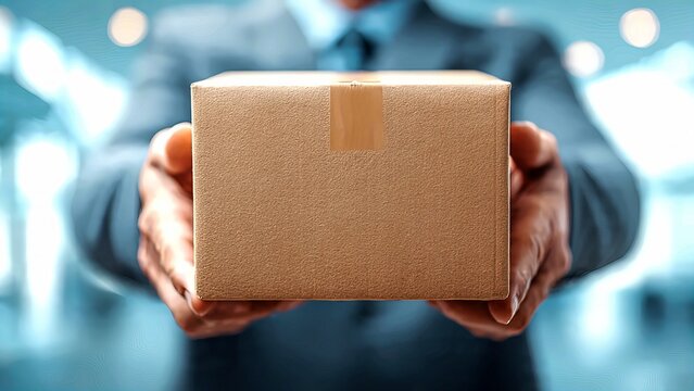 Businessperson handing sealed cardboard package in professional office