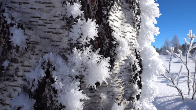 Snow covered tree trunk in winter.