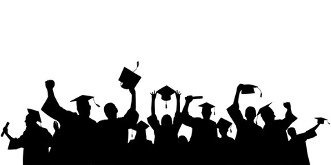 Graduating students celebrating success throwing graduation caps. Crowd of silhouettes. Vector illustration.