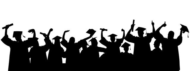 Graduating students celebrating success throwing graduation caps. Crowd of silhouettes. Vector illustration.