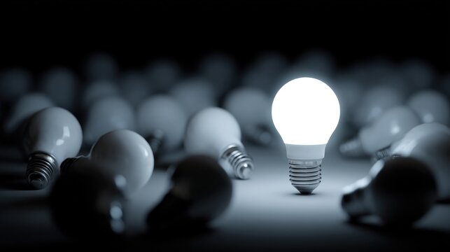 One bright LED bulb stands out among many unlit bulbs in the dark