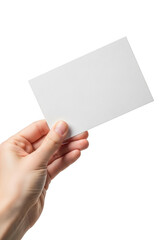 Obraz premium Hand holding a blank white card isolated on transparent background