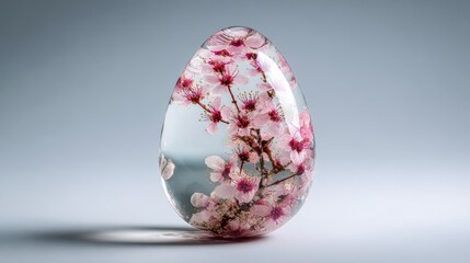 Delicate pink cherry blossoms preserved inside a clear glass Easter egg
