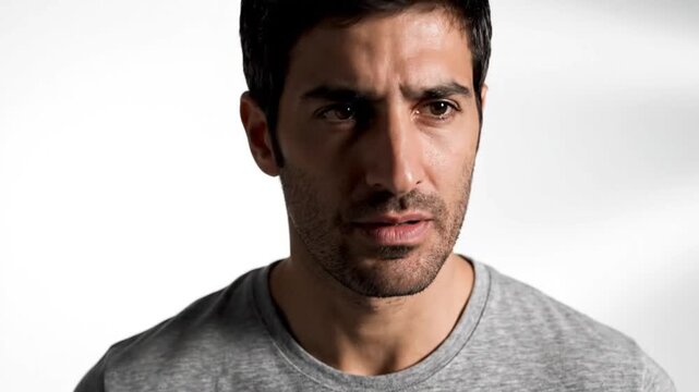 A man with a worried expression looks down in a white studio setting for a video.