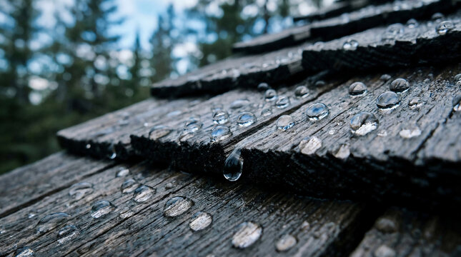 Extreme macro raindrops on weathered cedar shingles, cloud reflections in droplets, wet wood grain, cottage roof