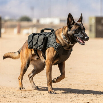 Belgian Malinois dog wearing tactical harness and running on sand  