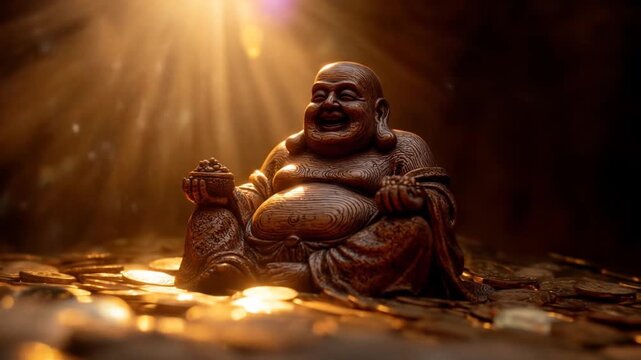 Ancient Laughing Buddha statue surrounded by glittering gold coins, illuminated by divine light, symbolizing prosperity, abundance, and spiritual happiness.