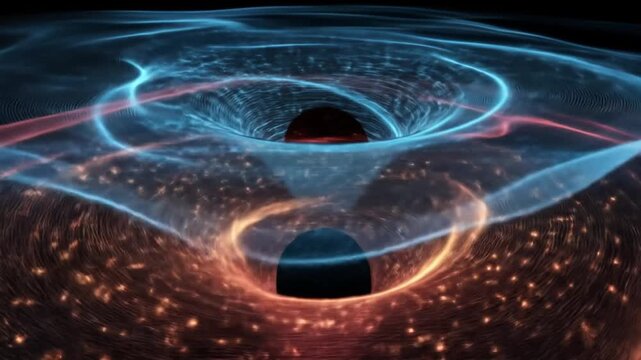 Abstract cosmic illustration of two black holes bending spacetime, surrounded by glowing gravitational waves and swirling stellar matter in deep space.