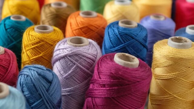 Close-up shot of colorful thread spools arranged in a visually appealing pattern, perfect for crafting.