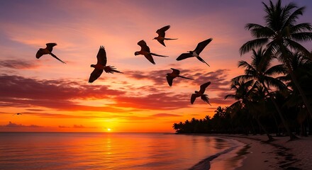 Obraz premium Tropical beach sunset with flying birds.