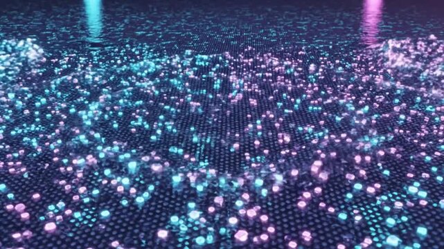 Glowing particles float above a digital grid surface under vibrant purple and blue lights from an overhead viewpoint
