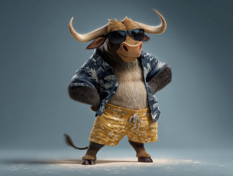 Anthropomorphic blue bull in Hawaiian shirt, sunglasses, and shorts, standing confidently with crossed arms Indoor or studio setting, neutral background No text visible, Dreamworks st - AI-Generated