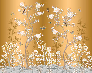 Chinoiserie vector mural with blooming trees birds insects on elegant golden oriental background © Yumeee