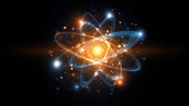 Glowing atom model with orbiting electrons and bright core