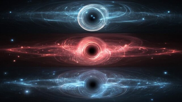 Vibrant abstract cosmic singularities or black holes, depicted in glowing blue, red, and purple against a starry space background.