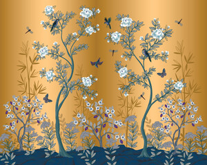 Chinoiserie vector mural with blooming trees birds insects on elegant golden oriental background © Yumeee