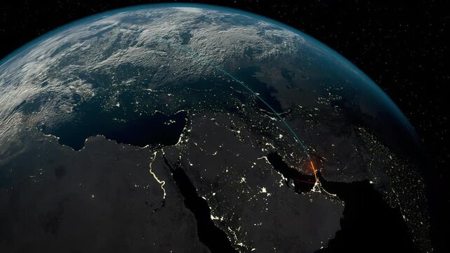 Europe to Dubai, UAE Earth flight path Globe Planet connecting country network. France to UAE Rotating Earth. Day Night City light out of space 3d Animation