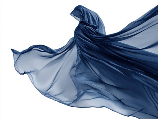 Naklejka premium Floating midnight blue transparent veil, haute couture quality, cinematic lighting, minimalist white background, realistic abstraction, dynamic movement, silk or similar material, rippl - AI-Generated