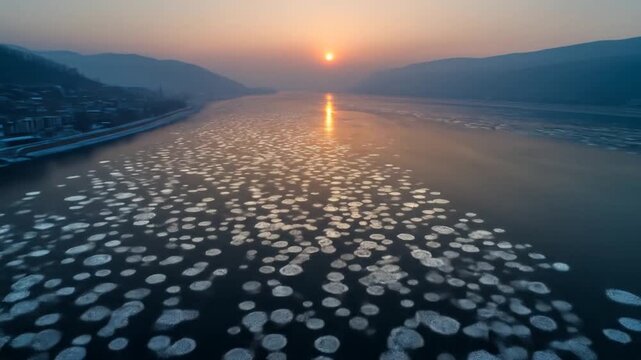 Majestic winter river landscape with numerous floating ice pancakes under a vibrant sunrise sky and distant mountains