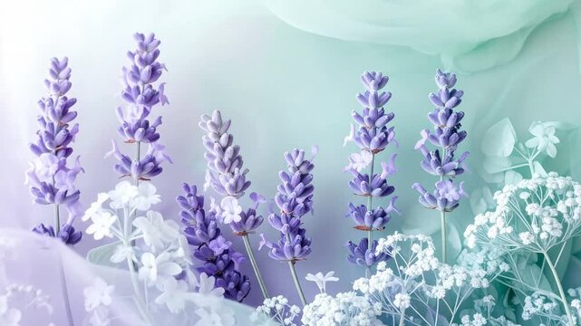 Beautiful lavender flowers with white blossoms against a soft, pastel background, creating a serene and elegant composition.