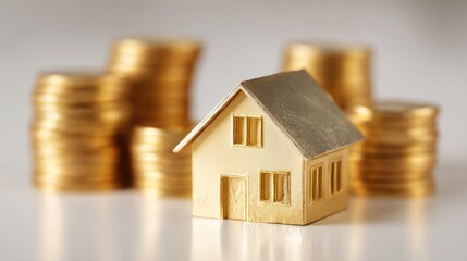 Golden house model sits before stacks of gold coins, symbolizing real estate investment and wealth