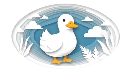 Fototapeta premium A cartoon duck standing in a serene landscape with clouds and grass