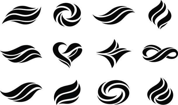 Collection of abstract black organic shapes and symbols on white background