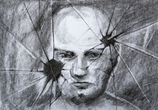 Conceptual charcoal illustration of a man in despair behind shattered glass, symbolizing mental health struggles and emotional breakdown.