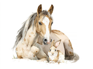 Obraz premium A watercolor illustration showcasing an Andalusian horse and its foal in a serene setting The larger adult horse lies down, its rich brown fur contrasting with the lighter foal that ne - AI-Generated