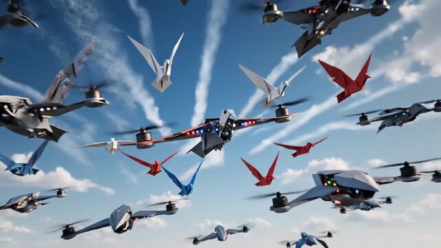 Multiple aircraft flying in formation against a blue sky with scattered clouds and birds in flight