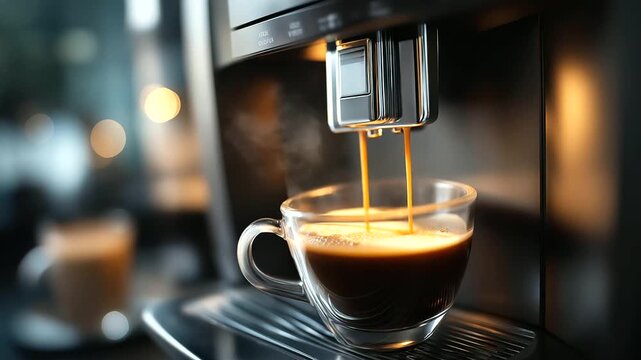 Automatic coffee maker preparing coffee drink and pouring into cup, beverage brewing process, automated coffee service, drink dispensing moment, coffee preparation sequence,