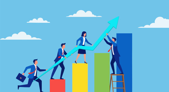 Business team pushing up growth arrow on bar chart vector illustration. Four people collaborating to increase sales and achieve financial success. Flat style with blue sky background.