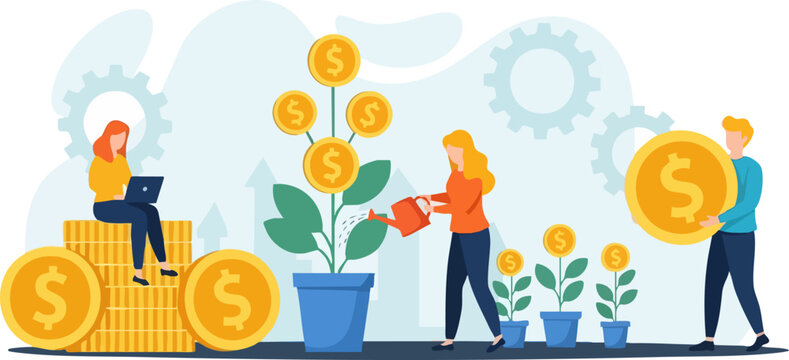 Investment growth and financial management vector illustration with people watering money trees and stacking coins