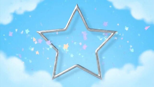 Metallic star outline against blue sky with clouds and particles