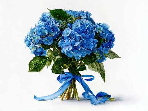 Watercolor image of a blue hydrangea bouquet on plain white background, arranged loosely with visible stems and leaves Soft lighting, realistic style, focusing on detail and color accu - AI-Generated