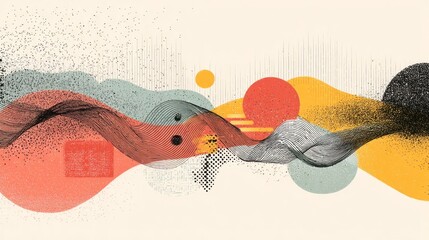 Abstract art with flowing lines, geometric shapes, and textured elements in muted colors
