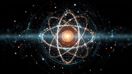 Glowing atomic structure with orbiting particles and energy bursts