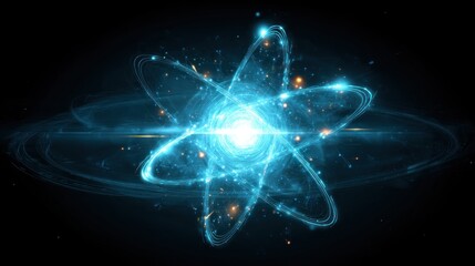 Glowing blue atom model with orbiting particles, set against a dark background