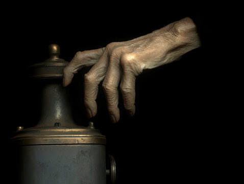 Close-up of elderly womans hand, gripping a vintage metal device Highlights skin texture and age spots under controlled cinematic lighting Dark background, shallow depth of field, hy - AI-Generated