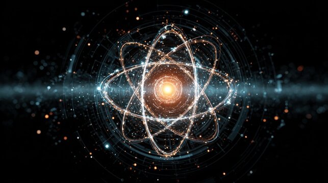 Glowing atomic structure with orbiting particles and energy bursts