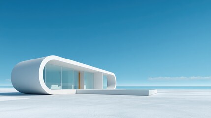 Modern, minimalist white house with curved design, ocean view, and sleek pool